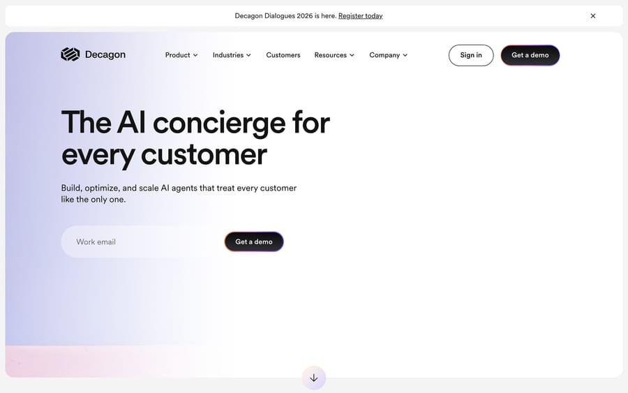 Decagon's homepage: The AI concierge for every customer, with a work-email demo form as the only route in
