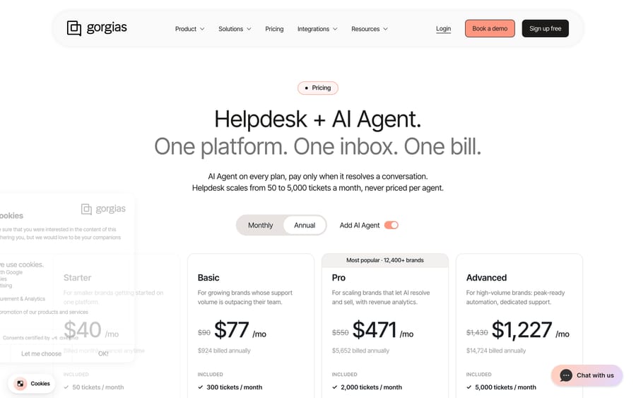 Gorgias pricing: Basic $77, Pro $471 and Advanced $1,227 a month billed annually, with tickets and AI interactions included