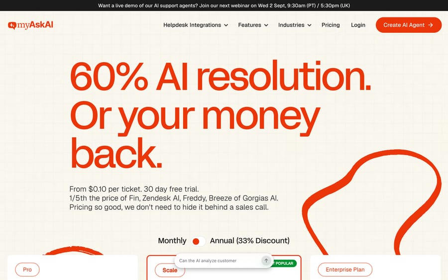 My AskAI pricing page: 60% AI resolution or your money back, from $0.10 per ticket, with a 30-day free trial