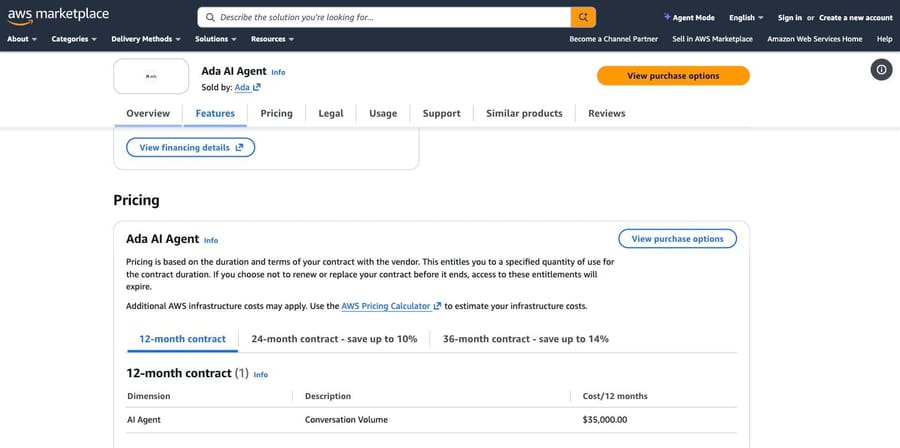 AWS Marketplace pricing for the Ada AI Agent listing on September 22, 2026, showing $35,000 for a 12-month contract.