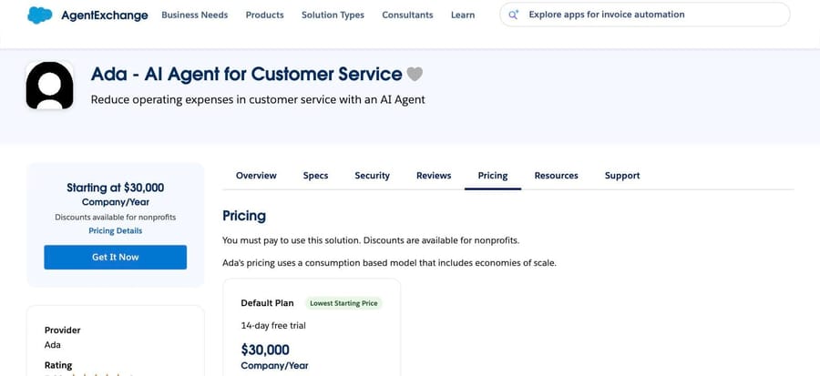 Salesforce AgentExchange listing for Ada showing Starting at $30,000 per company per year.