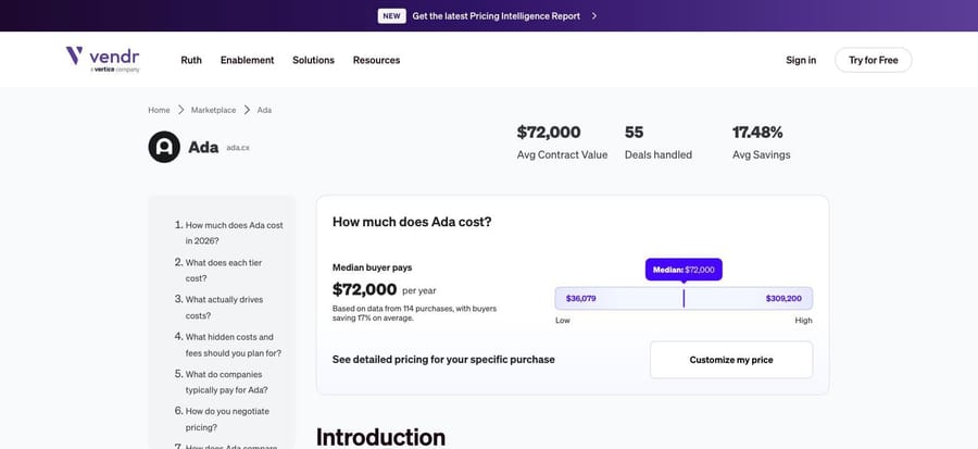 Vendr procurement data for Ada showing a $72,000 median from 114 purchases.