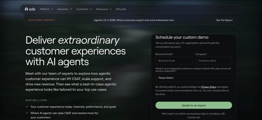 The Ada demo form that ada.cx/pricing redirects to, asking for expected annual contact volume.