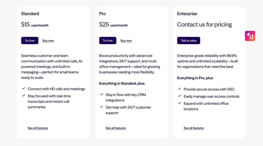 Dialpad Connect plans billed annually, showing Standard at $15 and Pro at $25 a user a month.