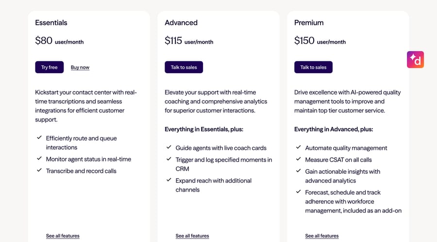 Dialpad Support contact center plans at $80, $115 and $150 a user a month, billed annually.