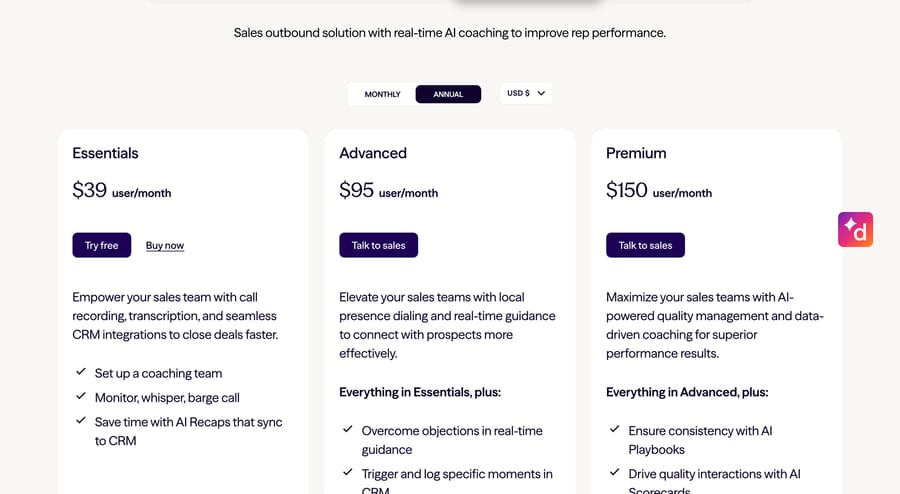Dialpad Sell plans at $39, $95 and $150 a user a month, billed annually.