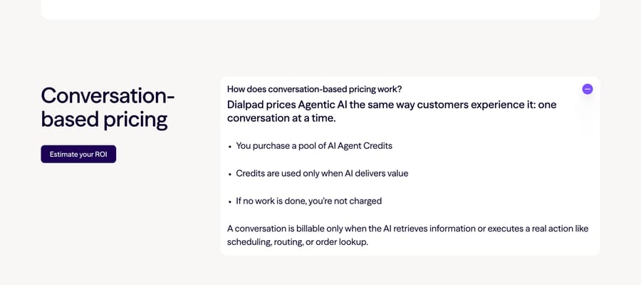Dialpad's explanation of conversation-based AI Agent Credits, with no rate given.