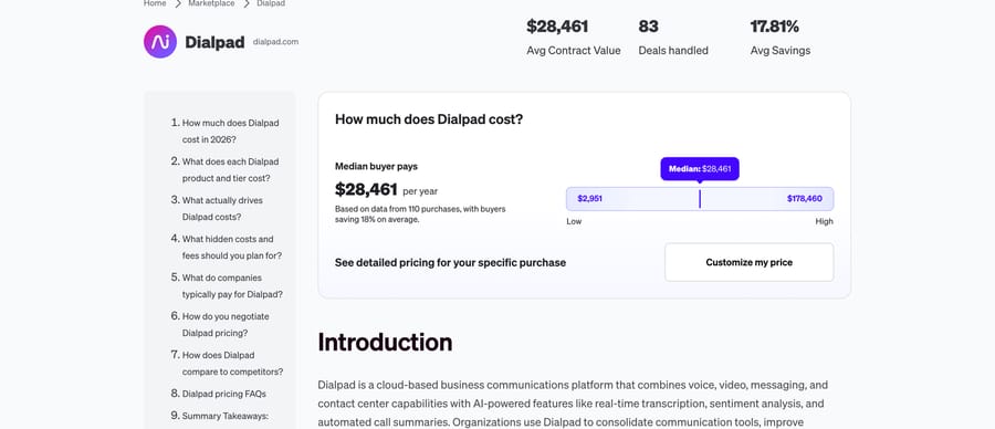 Vendr procurement data showing a $28,461 median Dialpad contract from 110 purchases.