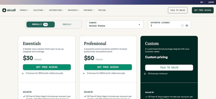 Aircall Essentials at $30 and Professional at $50 a license a month, billed annually, US pricing.