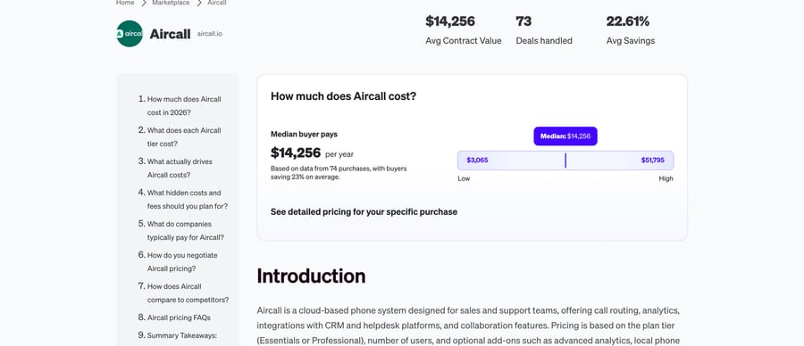 Vendr contract data showing a $14,256 median Aircall contract from 74 purchases.