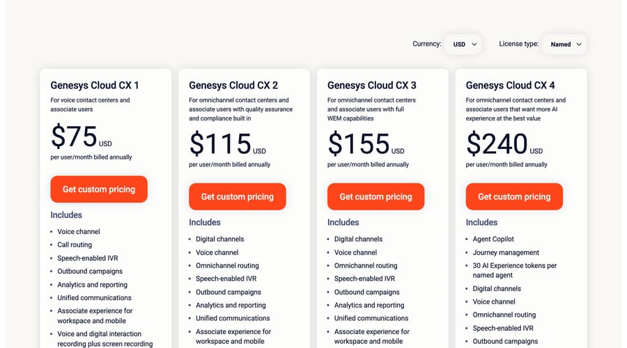 Genesys Cloud CX 1 to CX 4 at $75, $115, $155 and $240 a user a month, billed annually.