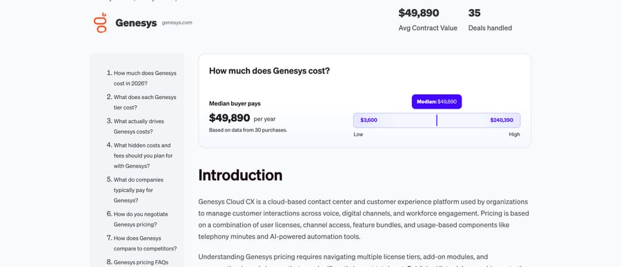 Vendr contract data showing a $49,890 median Genesys contract from 30 purchases.