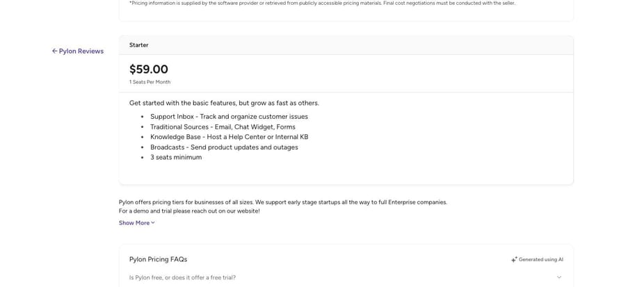 The Pylon Starter card on G2, listing a three-seat minimum and G2's own sourcing disclaimer.