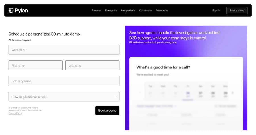 Pylon's pricing URL redirects to a Schedule a personalized 30-minute demo form.