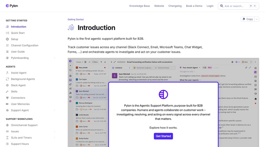 Pylon's documentation index, which has no billing, seats or pricing section.