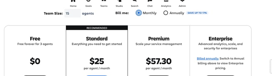 Atlassian's Service Collection pricing calculator at 15 agents: Free $0, Standard $25, Premium $57.30 per agent