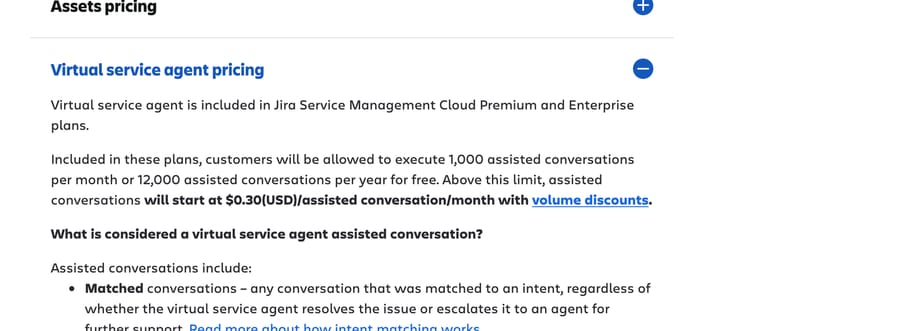 Atlassian: virtual service agent includes 1,000 assisted conversations a month, then $0.30 each