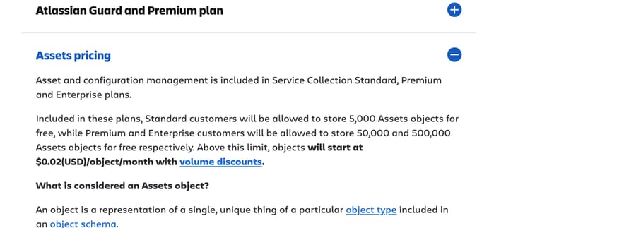 Assets objects: 5,000 free on Standard, 50,000 on Premium, then $0.02 per object per month