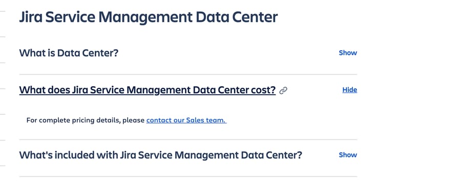Atlassian's Data Center licensing page answers the cost question with contact our Sales team