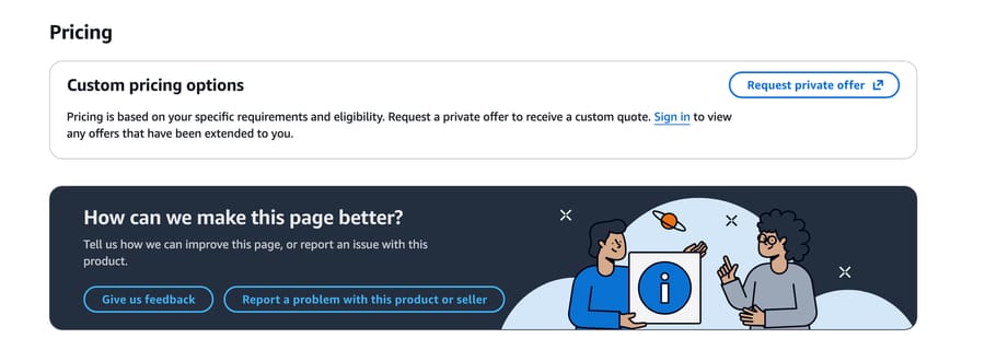 The AWS Marketplace listing for Jira Service Management shows custom pricing and a private offer button
