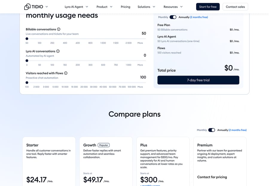 Tidio pricing calculator at its minimum settings: Free plan, 50 billable conversations, total $0 a month