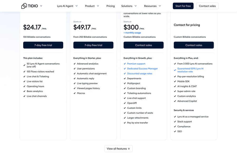 Tidio plan cards on annual billing: Starter $24.17, Growth from $49.17, Plus from $300 a month