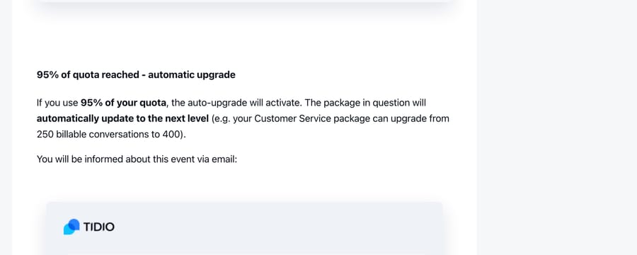 Tidio help center: at 95% of quota the auto-upgrade moves the package up a level, 250 to 400