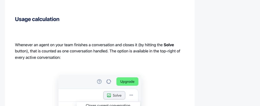 Tidio help center: a conversation counts once an agent hits the Solve button, however many messages