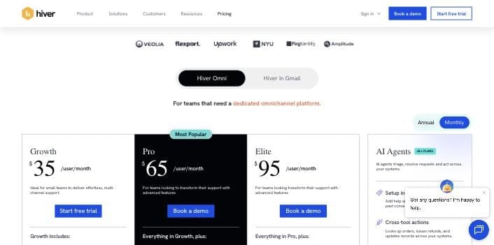 Hiver Omni monthly pricing: Growth $35, Pro $65 and Elite $95 per user per month