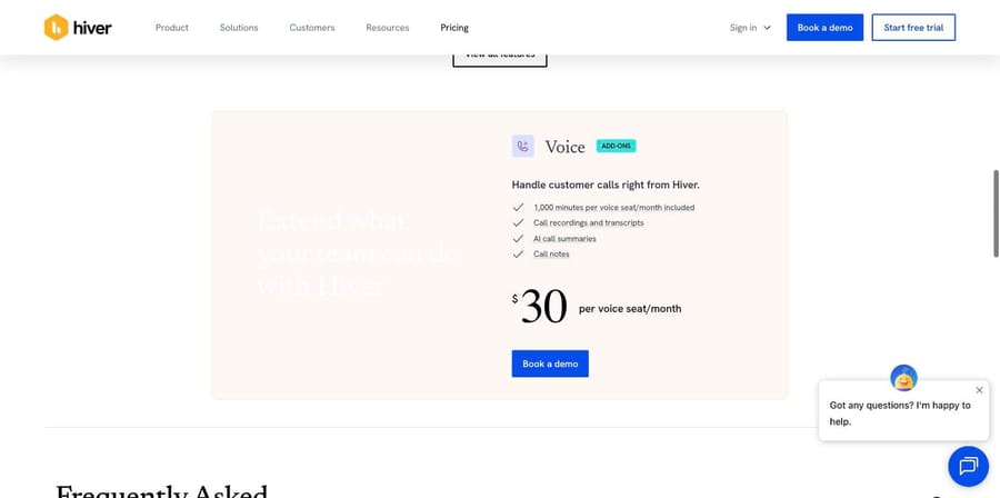 Hiver Voice add-on: $30 per voice seat a month with 1,000 minutes included