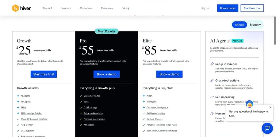 Hiver in Gmail annual pricing: the same Growth $25, Pro $55 and Elite $85 per user per month