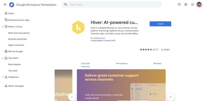 The Google Workspace Marketplace listing for Hiver shows 63 ratings and 266k plus installs