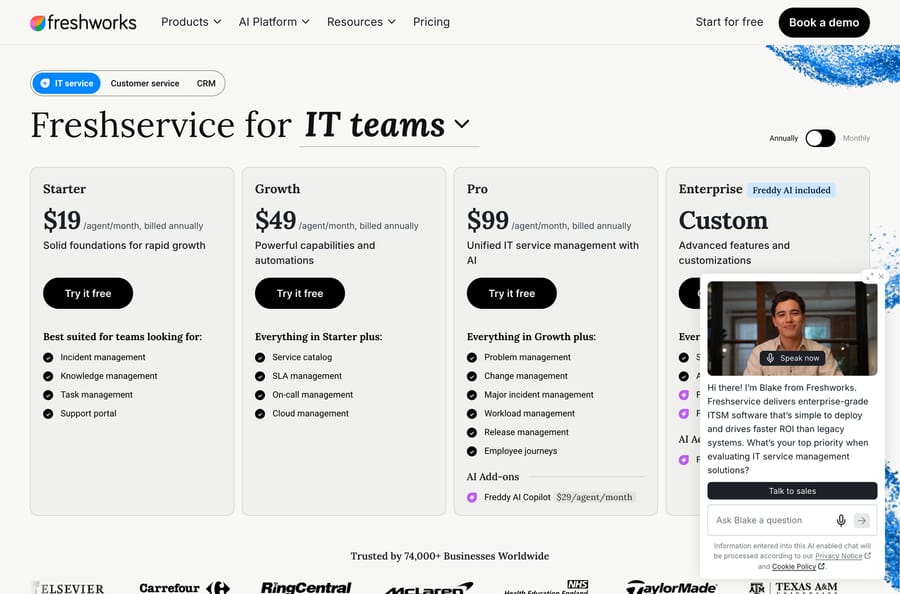 Freshservice pricing for IT teams: Starter $19, Growth $49 and Pro $99 per agent a month, billed annually