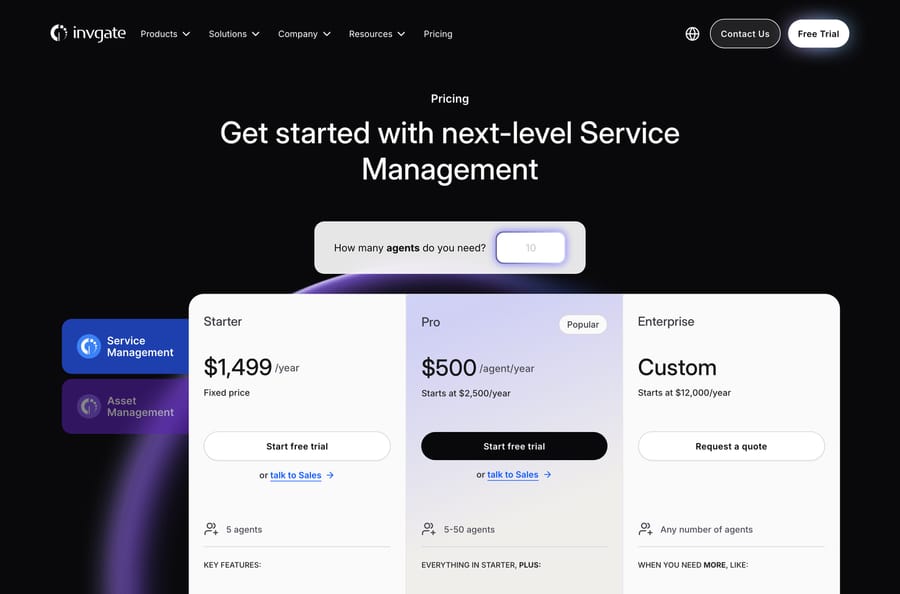 InvGate Service Management pricing: Starter $1,499 a year, Pro $500 per agent a year, Enterprise custom