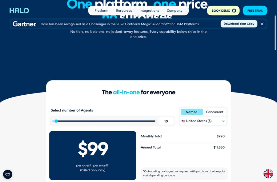 Halo pricing in US dollars: $99 per agent a month, $11,880 a year for 10 agents, onboarding extra