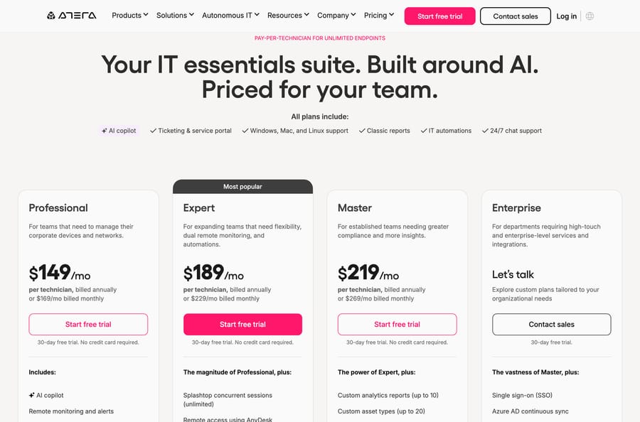 Atera IT department pricing: Professional $149, Expert $189 and Master $219 per technician a month
