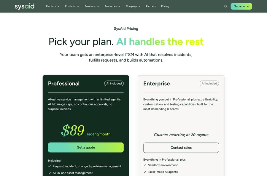 SysAid pricing: Professional $89 per agent a month with AI included, Enterprise custom from 20 agents