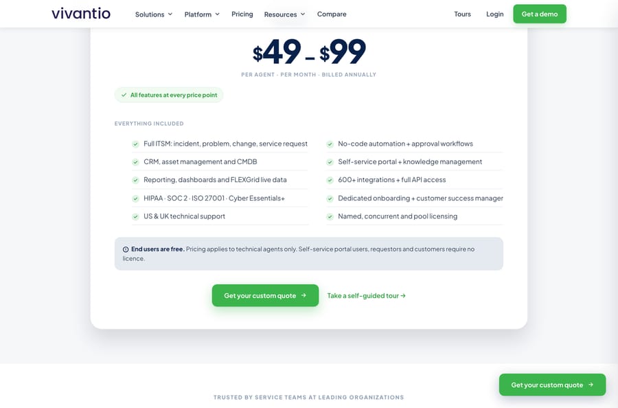 Vivantio pricing: $49 to $99 per agent a month billed annually, every feature included, end users free