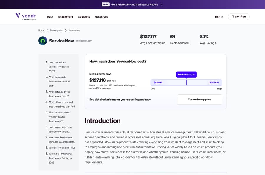 Vendr's ServiceNow page: median buyer pays $127,118 a year across 108 purchases