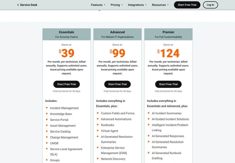SolarWinds Service Desk plans: Essentials $39, Advanced $99 and Premier $124 per technician a month