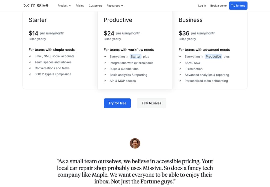 Missive yearly pricing: Starter $14, Productive $24 and Business $36 per user per month