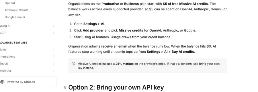 Missive documentation: AI credits carry a 25% markup, or bring your own API key with none