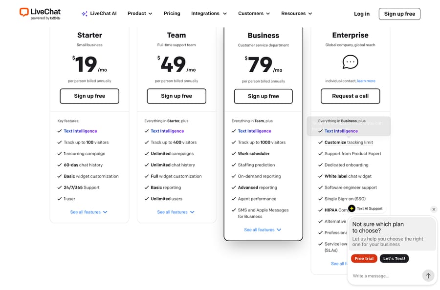 LiveChat pricing: Starter $19, Team $49 and Business $79 per person a month, billed annually