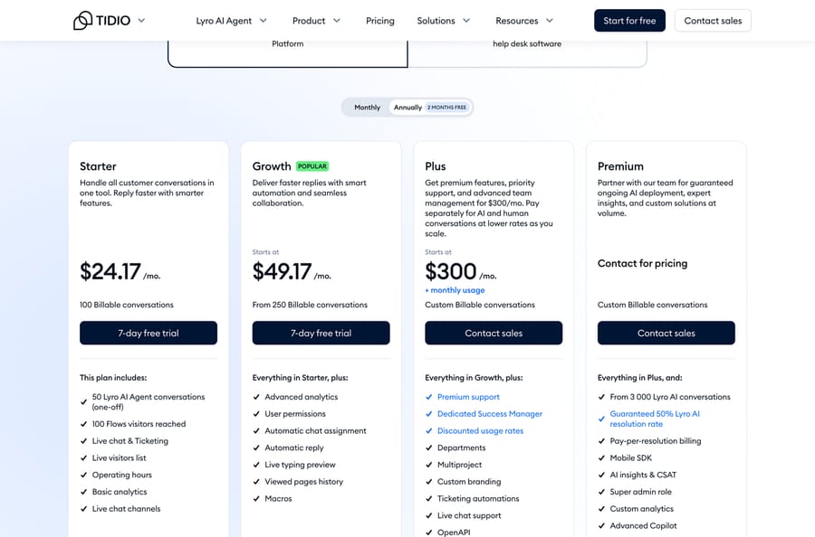 Tidio pricing: Starter $24.17, Growth from $49.17 and Plus from $300 a month, billed annually