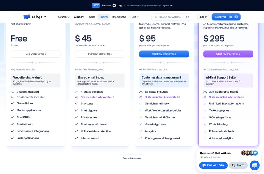 Crisp pricing: Free, Mini $45, Essentials $95 and Plus $295 a month per workspace