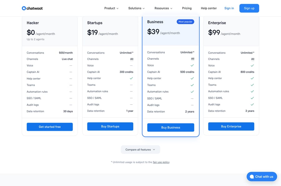 Chatwoot pricing: Hacker free for 2 agents, Startups $19, Business $39 and Enterprise $99 per agent