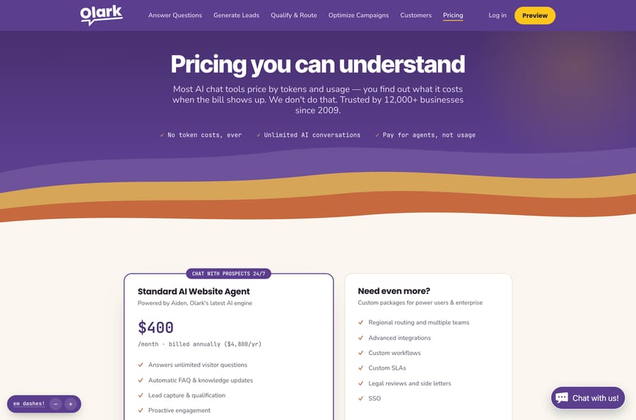 Olark pricing: a Standard AI Website Agent at $400 a month billed annually, or $4,800 a year
