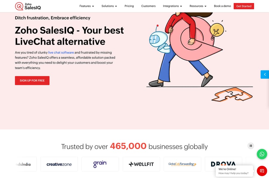 Zoho SalesIQ's own page titled Your best LiveChat alternative, with a sign-up-for-free button