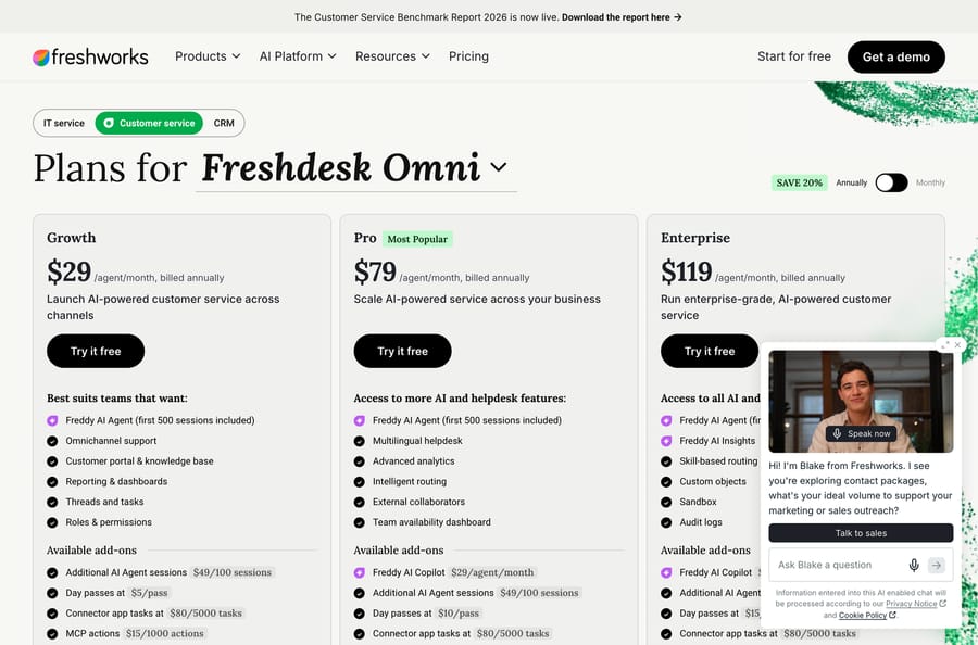 Freshdesk Omni plans: Growth $29, Pro $79 and Enterprise $119 per agent a month, billed annually