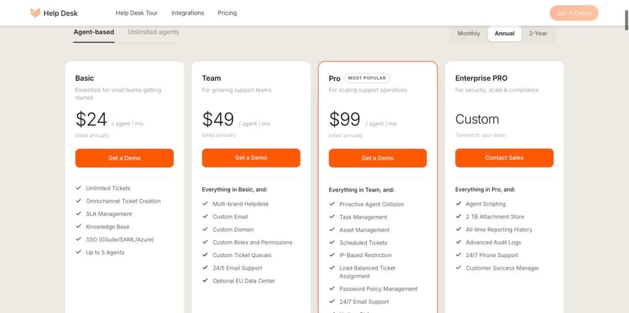 HappyFox agent-based annual pricing: Basic $24, Team $49, Pro $99 and Enterprise Pro custom